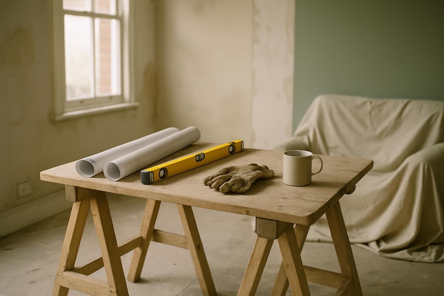 A trestle table inside a house under renovation, with rolled drawings, a spirit level, work gloves and a mug of tea.