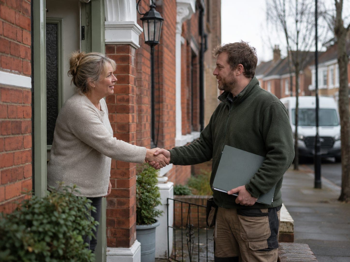 A homeowner and a tradesperson shaking hands on a front doorstep, his van at the kerb.