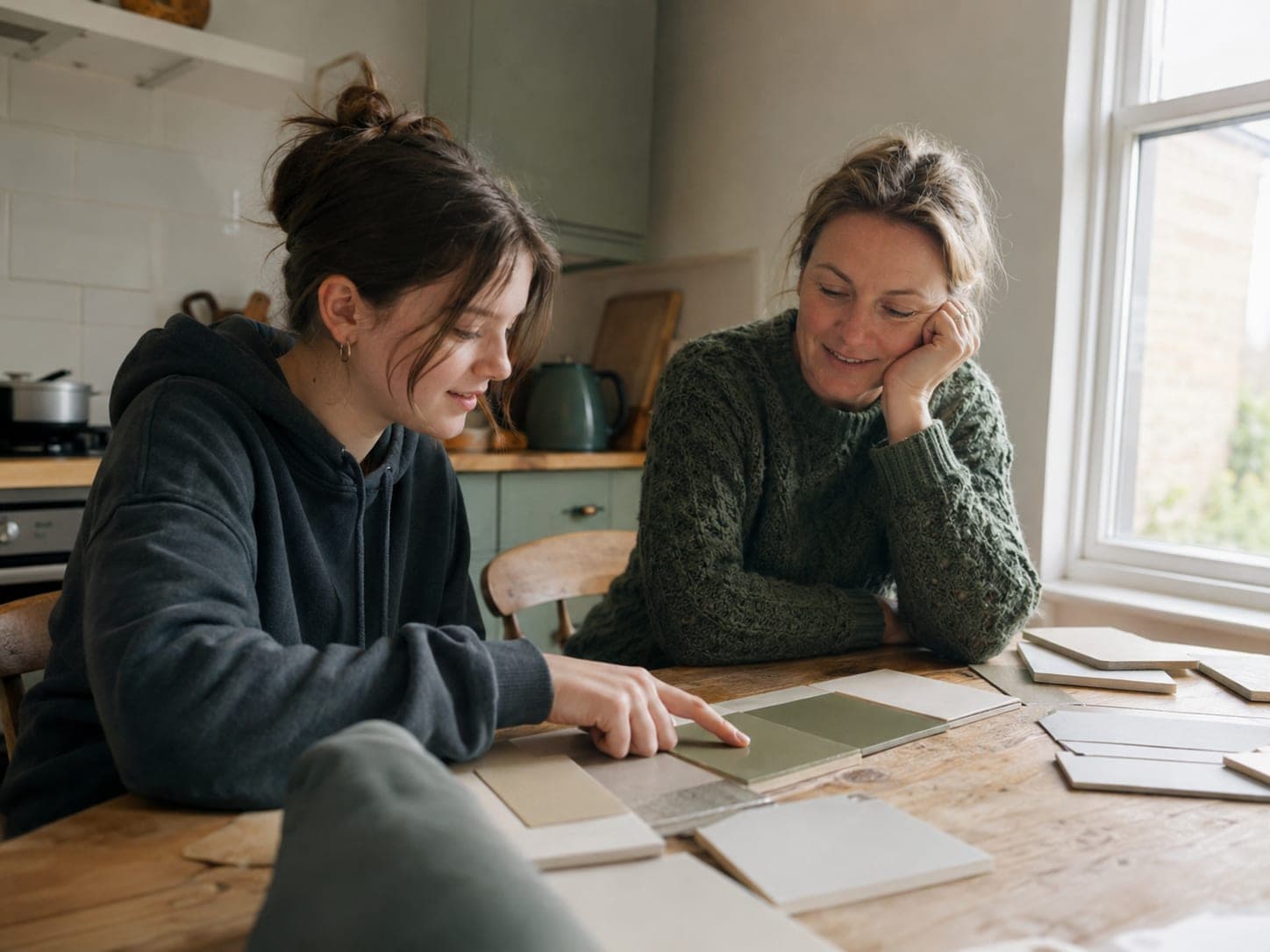 A parent and teenager at a kitchen table, choosing between tile samples.