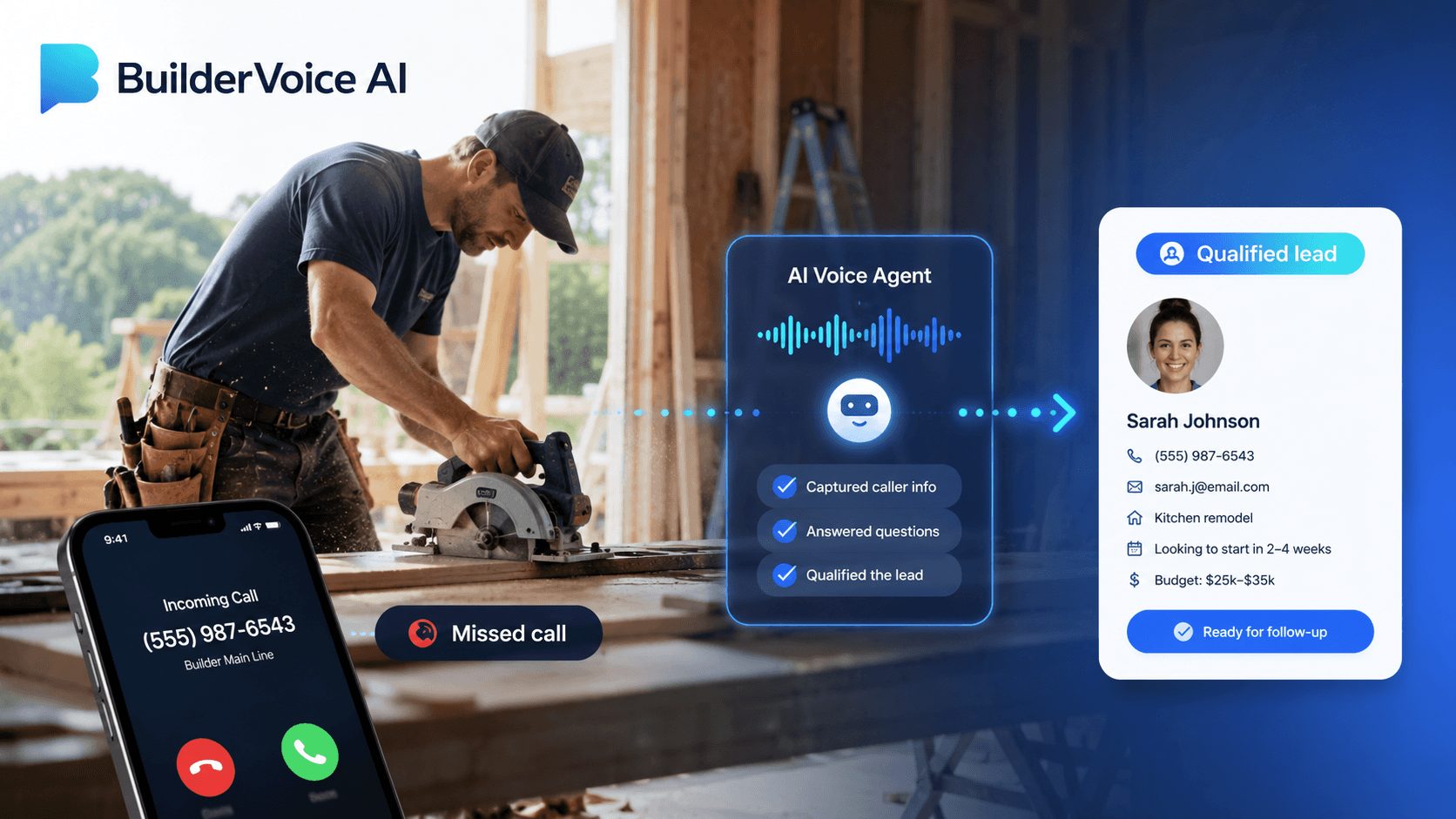 A tradesperson working on site while BuilderVoice answers an incoming call and turns it into a lead card with the customer's details.